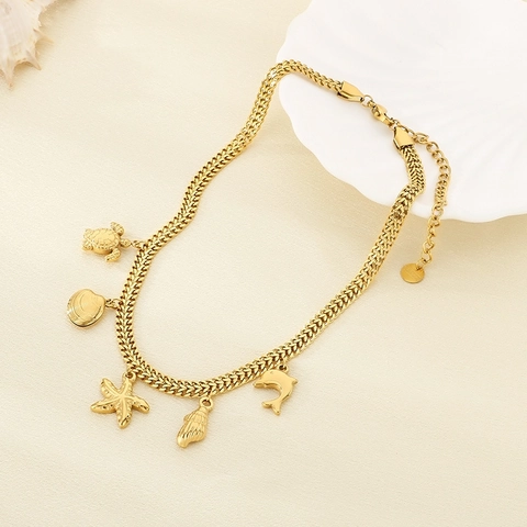 Collar De Dije Marino De Acero Inoxidable Oro Pez Dorado Tortuga Estrella De Mar Concha Delfín Joyas De Playa De Verano Mujeres