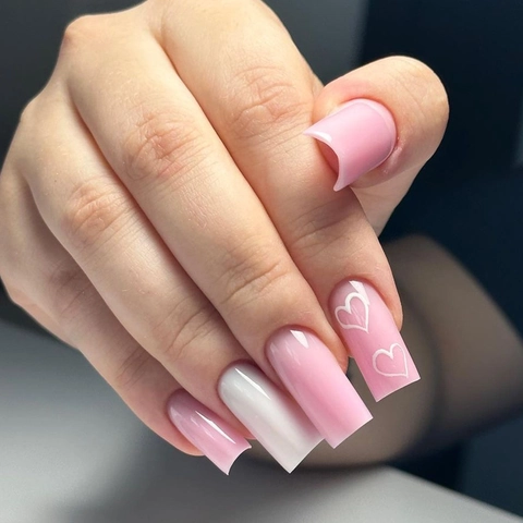 Künstliche Fingernägel Mittel Lang Quadratisch Glänzend Rosa Weiß Herz Muster Französischer Stil Falsche Nägel Für Frauen