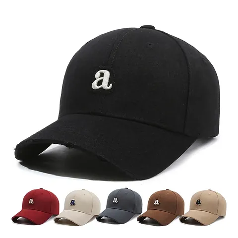 Unisex Cotton Embroidered Letter A Baseball Cap Distressed Ripped Brim Vintage Adjustable Retro Outdoor Sun Hat