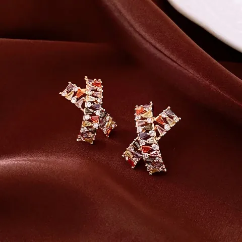 X Shape Cross Stud Earrings 18K Gold Plated Copper Colorful Baguette Zircon 925 Sterling Silver Earring Post For Women