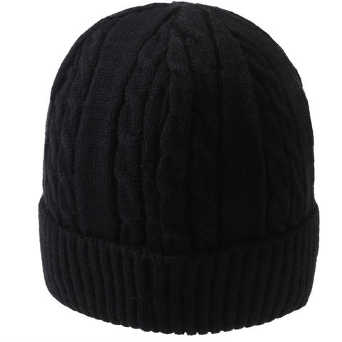 Winter Beanie Hat Polyester Cable Knit Thickened Fleece Lined Warm Outdoor Elastic Folded Cuff Men Women