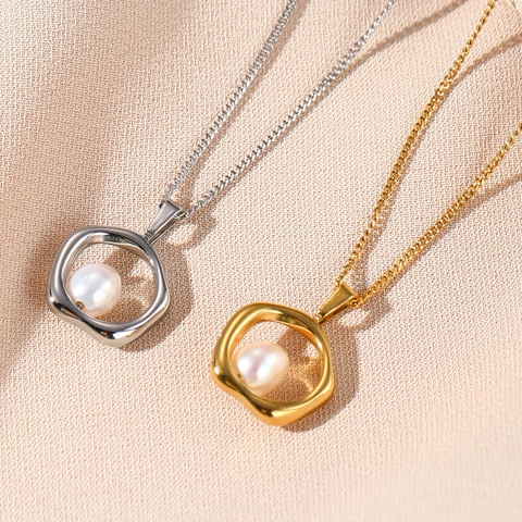 Halskette Mit Unregelmäßigem Ring Und Künstliche Perlenanhänger Edelstahl 18K Vergoldet Retro Minimalistischer Schmuck Für Frauen