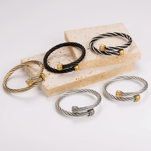 Pulsera Cable Acero Inoxidable Cuerda Trenzada Brazalete Abierto Extremos Texturizados Joyería Minimalista Hombres Mujeres
