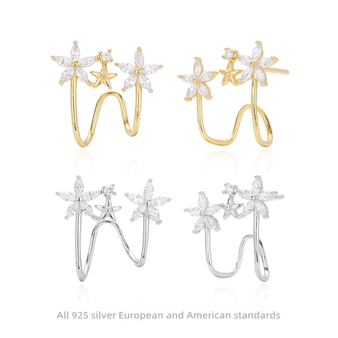 Ear Cuffs Fiore Stella Argento Sterling 925 Con Zirconia Clip Per Ossa Dell'orecchio Senza Buco Gioielli Per Donna