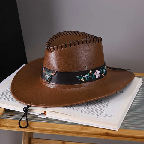 Vintage Western Cowboyhoed PU Leer Met Metalen Bull Head Bloemenborduurwerk Verstelbaar Winddicht Touw