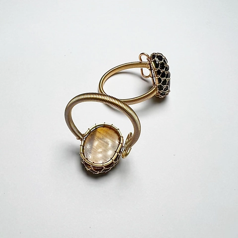 Natural Tiger Eye Blue Goldstone Ring 14K Gold Filled Wire Wrapped Handmade Woven Adjustable Bohemian Jewelry For Women