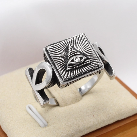 Vintage Eye Of Providence Pyramid Ring Men Titanium Steel Masonic All Seeing Eye Square Signet Gothic Punk Jewelry
