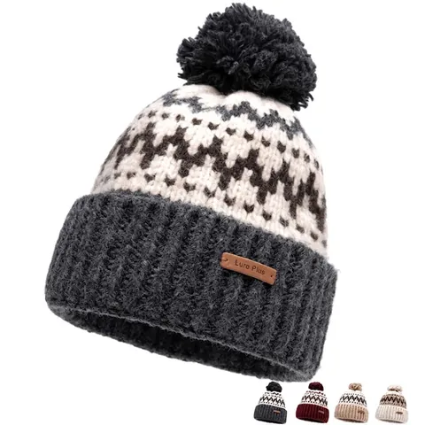 Knitted Beanie Hat Wool Blend Winter Warm Pom Pom Jacquard Pattern Leather Label Ribbed Cuff Casual Unisex