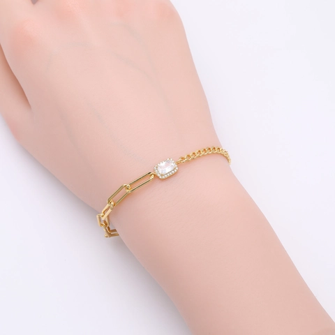 Bracciale S925 in Argento Sterling con Zirconia Quadrata per Donna Placcato Oro Argento Catena a Graffetta Regalo Gioielli
