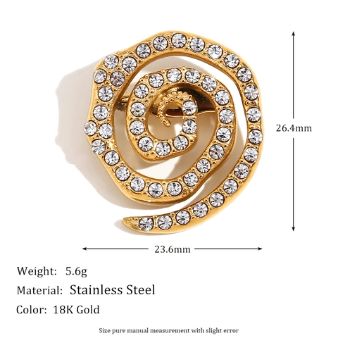 Elegant Spiral Whirlpool Brooch Stainless Steel 18K Gold Plated With White Rhinestones Fashion Jewelry For Women Lapel Pin