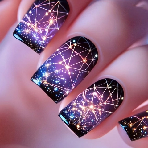 Galaxy Starry Sky Press On Nails Purple Blue Gradient Gold Constellation Geometric Pattern Square Shape ABS Glossy For Women