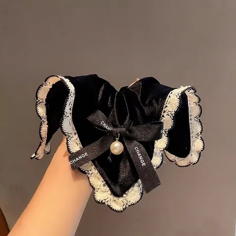Samt Spitze Scrunchie Mit Schleife Und Kunstperle Vintage Französisch Elegantes Haargummi Für Damen Mädchen