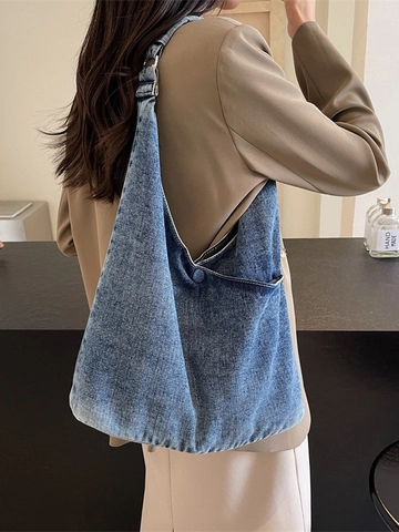 Borsa Tote In Denim Lavato Grande Capacità Stile Giapponese Semplice Borsa A Spalla Hobo Casual Tinta Unita Per Donne