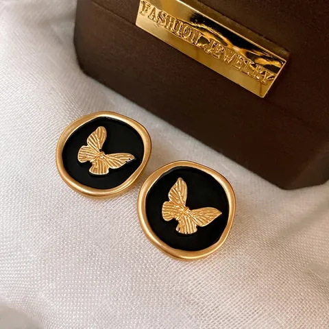 French Vintage Butterfly Stud Earrings With 925 Sterling Silver Earring Post Alloy Black Enamel Round Elegant For Women