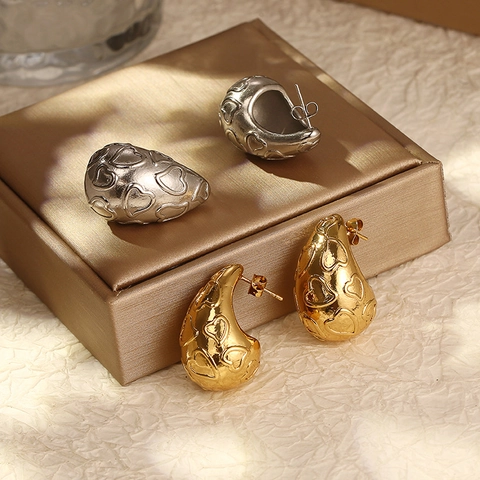 Pendientes De Gota Vintage De Acero Inoxidable Chapados En Oro De 18K Con Relieve De Corazón Para Mujer