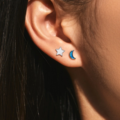 Pendientes De Botón Asimétricos De Estrella Y Luna Plata De Ley 925 Joyas Elegantes De Esmalte Para Mujeres
