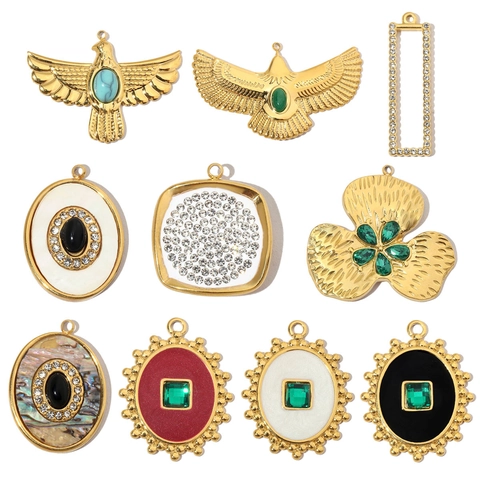 Vintage Eagle Flower Geometric Pendants Stainless Steel Natural Stone Rhinestone For DIY Jewelry Necklace Making