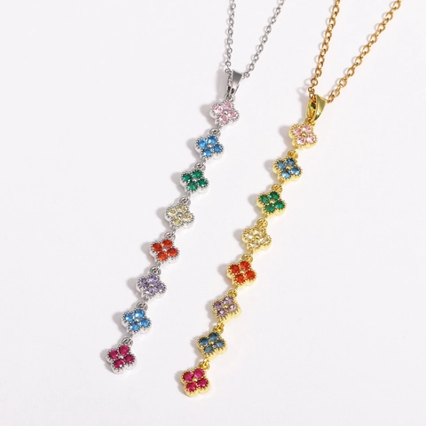 Multi Color Clover Pendant Necklace Stainless Steel With Zircon Zirconia Flower Elegant Sweet Jewelry For Women