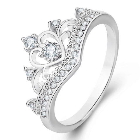 Crown Tiara Ring Cubic Zirconia Heart Hollow Design White Gold Rose Gold Plated Princess Jewelry For Women