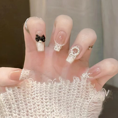 Uñas Postizas Coffin Francesas Estilo Tweed Lazo Perla Artificial Diamantes De Imitación Brillo Elegantes Para Mujeres
