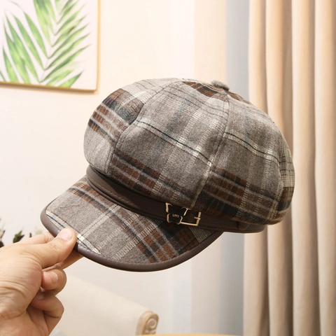 Vintage Plaid Beret Octagonal Hat For Women British Style Checkered Newsboy Cap With Leather Trim Polyester PU Leather Hat