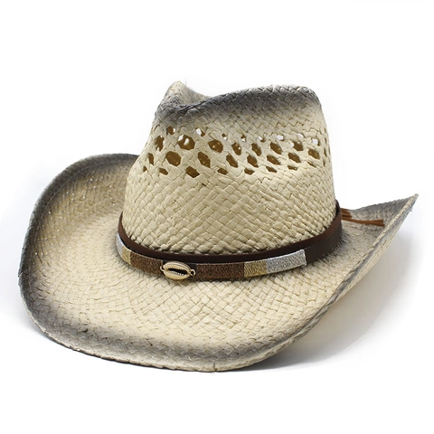 Western Cowboy Straw Hat Wide Brim Hollow Breathable Sun Protection Travel Beach Summer Fedora Leather Shell Band