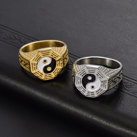 Retro Yin Yang Tai Chi Bagua Ring Edelstahl Chinesischer Ethno-Stil Schmuck Für Männer Frauen Unisex Vintage Poliert
