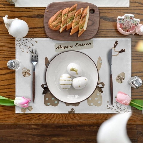 Easter Placemat Linen Texture Rabbit Bunny Egg Print Fade Resistant Washable Rectangular Table Mat For Holiday Party