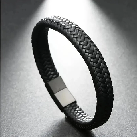 Woven Leather Bracelet With Magnetic Clasp Handmade Retro Minimalist Jewelry For Men