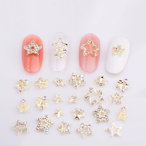 Alloy Rhinestone 3D Nail Art Decorations Hollow Star Moon Charms For DIY Manicure Designs Gold Silver Colors