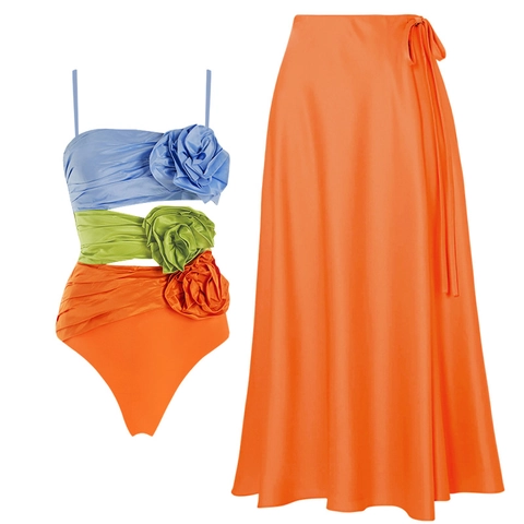 Women Monokini Swimsuit With Dimensional Floral Decoration Color Block Cutout Beachwear Wrap Skirt Sleeveless Fashion