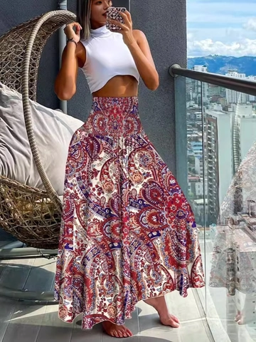 Lange Damesrok Hoge Taille Gesmokt Paisley Print Bohemien Vloeiend Zomer Strand Vakantie Lange Rokken