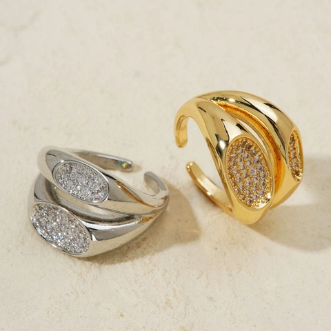 Anello da Donna in Zirconia a Doppio Strato Elegante Aperto Regolabile in Rame Anello al Dito Gioielli di Moda Oro Argento