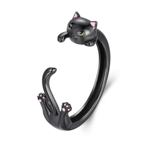 925 Sterling Silver Cute Cat Open Ring Adjustable Animal Finger Ring Jewelry For Women Black Silver Plated Jewelry Gift