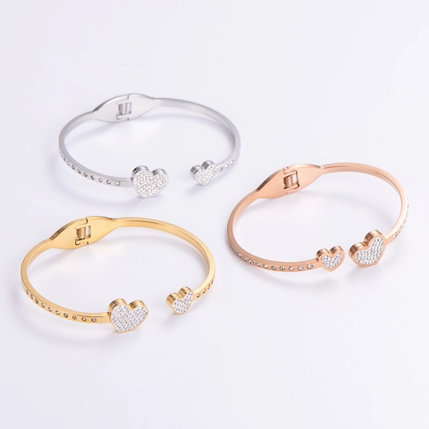 Brazalete Abierto De Doble Corazón De Acero Inoxidable 304 Con Cristales Joyería De Moda Elegante Y Brillante Para Mujer