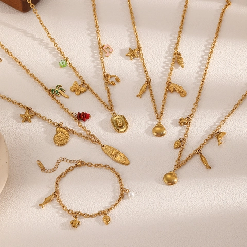 Collana Con Ciondoli Oceano Placcato Oro 18K Acciaio Inossidabile Pendente Conchiglia Stella Marina Cavalluccio Marino Gioielli Da Spiaggia Estate Per Donne