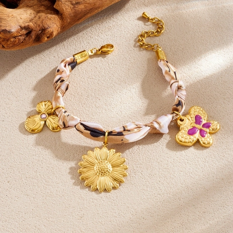 Woven Satin Ribbon Bracelet Stainless Steel Gold Plated Butterfly Sunflower Flower Pendants Bohemian Floral Jewelry For Women