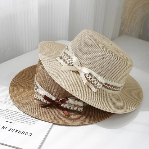 Chapeau De Paille Boater Pour Femmes Sommet Plat Protection Solaire Plage Voyage Été Élégant Dentelle Ruban Noeud