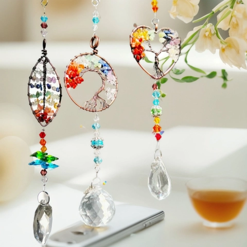 Tree Of Life Sun Catcher Pendants Crystal Glass Colorful Crushed Stones Copper Wire Rainbow Maker Window Home Garden Decor