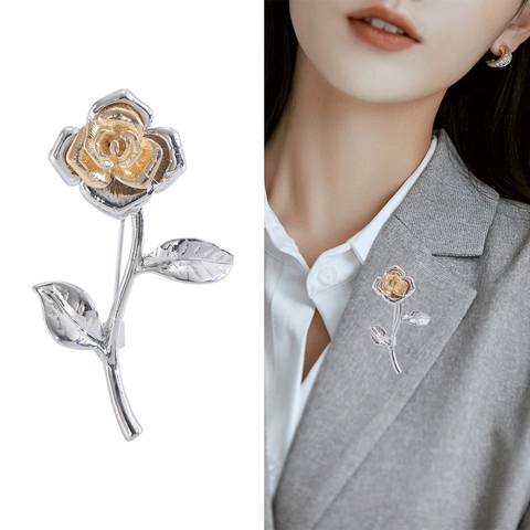 Vintage Two Tone Rose Brooch Pin Alloy Flower Commuter Versatile Fashion Jewelry For Women