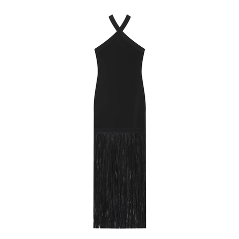 Damen Neckholder Maxi Kleid Elastisches Polyester Fransen Tassel Saum Ärmellos Elegant Bodycon Sexy Abendkleid