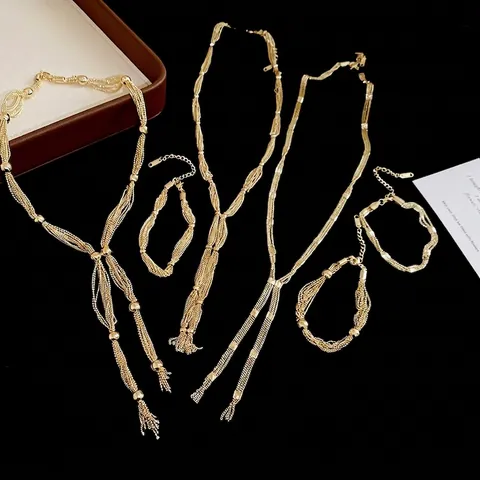 Mode Or Multi Couches Gland Collier Et Bracelet Bijoux Pour Femmes Élégant Forme En Y Lariat Métal Cuivre Fer Style