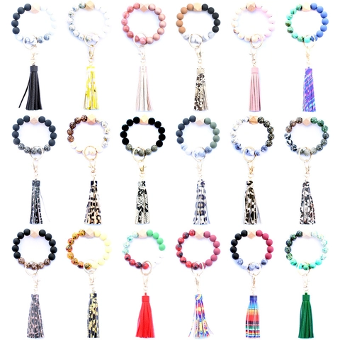 Silicone Beaded Keychain Bracelet For Women Wristlet Key Ring With Wood Bead And PU Leather Tassel Leopard Marble Print