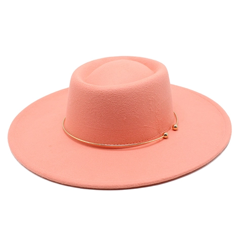 Wide Brim Fedora Hat Wool Felt Gold Metal Ring Decoration Flat Top British Style Elegant Solid Color Accessory