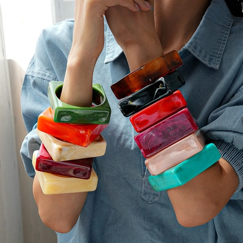 Square Acrylic Bangle Bracelet For Women Retro Marble Pattern Wide Geometric Resin Hand Jewelry Fashion Unique