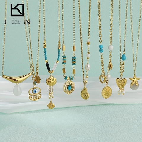 Vintage 18K Vergoldet Edelstahl Halskette Für Damen Türkis Perle Seestern Muschel Münze Anhänger Böhmischer Schmuck