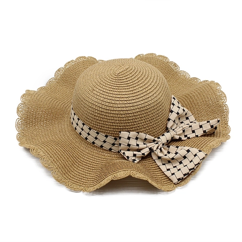 Cappello Di Paglia Estivo Donna Protezione Solare Tesa Larga Ondulata Fiocco Scacchiera Spiaggia Traspirante Pieghevole