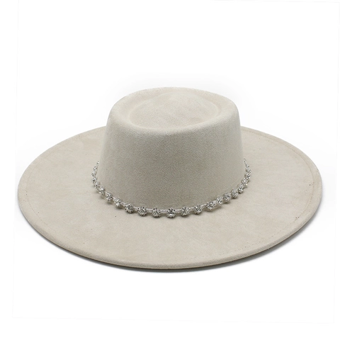 Dames Boater Hoed Met Brede Rand En Platte Bovenkant Suède Polyester Met Strass Ketting Vintage Elegante Fedora Jazz Hoed