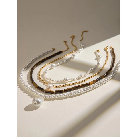 Collar De Varias Capas Acero Inoxidable Perla Barroca Artificial Piedra Ojo De Tigre Cadena Cuentas Joyería Retro Elegante Para Mujer