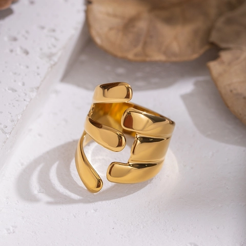 Anillo De Línea Irregular Chapado En Oro De 18K Acero Inoxidable Impermeable Hipoalergénico Minimalista Geométrico Abierto Joyería Mujer